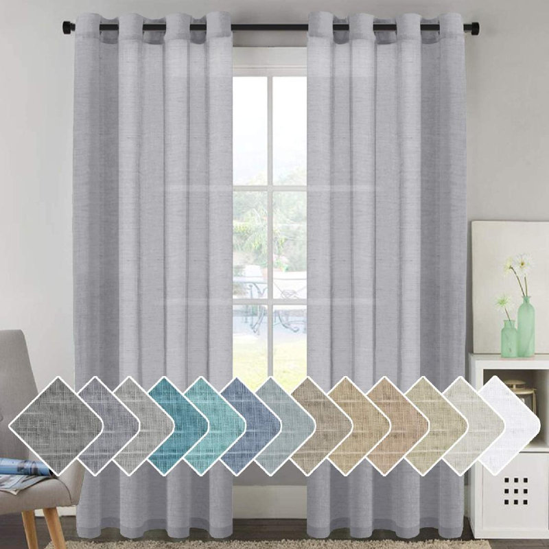 Hywell Soft Linen Plaid Semi-Sheer Grommet Curtain Panels, 52'' W x 96'' L, Light Gray