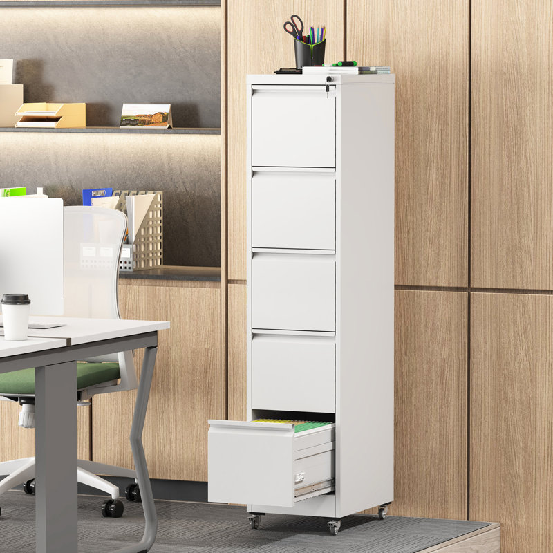 Vertical File Cabinet With 5 Drawers On Wheels, Metal Storage For A4/Letter/Legal Size Documents, White, 17.71"D*15.41"W*62.66"H, Lockable Smooth Coating Finish Papers, Surface