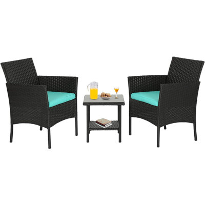 Outdoor Wicker Patio Bistro Set – 2 Rattan Chairs With Blue Cushions And Glass Coffee Table