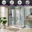 Cabine de douche coulissante en coin sans cadre, 142-152 cm (L) x 86 cm (P) x 183 cm (H), verre trempé de 8 mm, noir mat