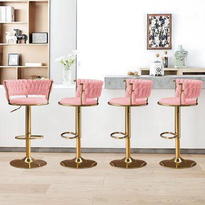 Ensemble de 4 tabourets de bar en velours à hauteur ajustable avec base dorée pour îlot de cuisine (ensemble de 4, rose)