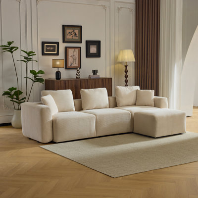 110''W Corduroy Modern  Compressed Block Couch With Plush Cushions