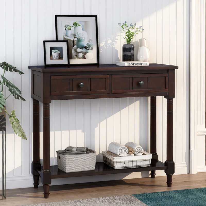 Mid century Modern Entryway Table Wood Console Table Traditional Design With 2 Drawers And Bottom Shelf, Espresso