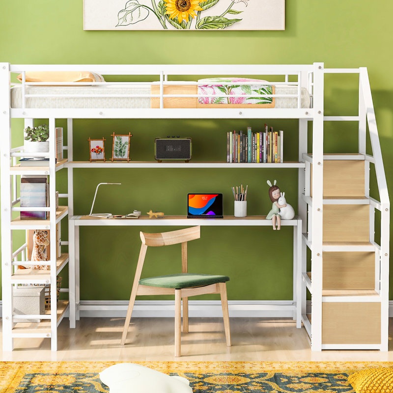 Lit mezzanine simple en métal avec escalier en blanc, bureau et rangement intégrés - base fonctionnelle pour la chambre à coucher et escalier, tablettes