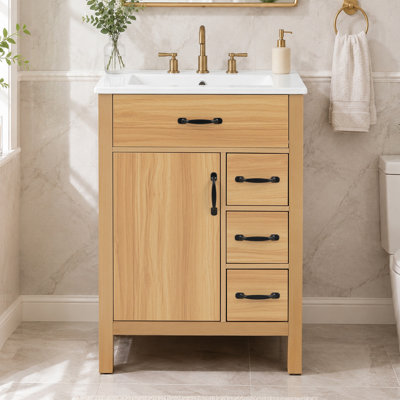 24 Inch Bathroom Vanity with Ceramic Sink, Modern Traditional Cabinet, MDF Construction with Solid Wood Legs, Soft Close Hinges & Drawer Slides, 1 Door 1 Flip Drawer 3 Drawers, Black Handles