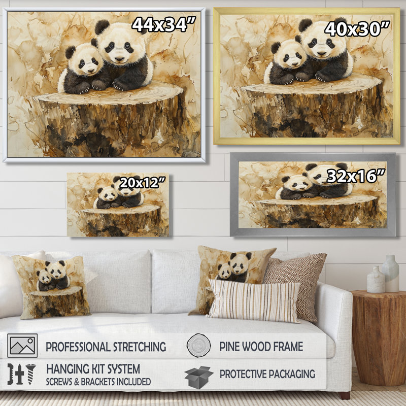 «Vintage Panda Family In The Forest II», art mural sur toile Panda, Brun, Reproduction avec cadre flottant, H 16 po x l 32 po