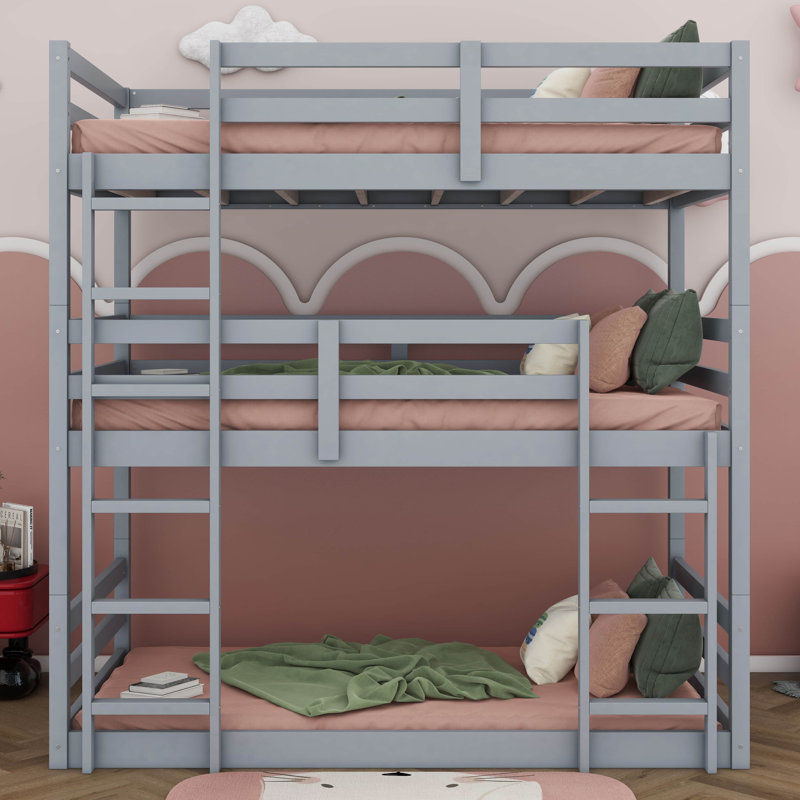 Lit superposé simple en bois d'hévéa avec échelles, gris