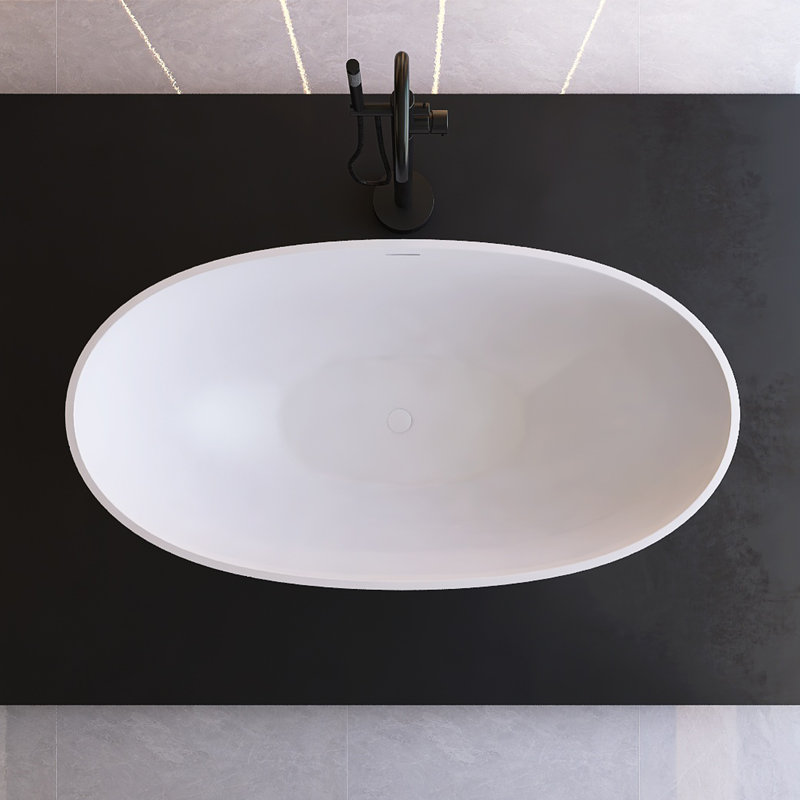 51" Matte White Freestanding Bathtub Deep Soak Oval Design, Solid Surface & Built-In Chrome Drain