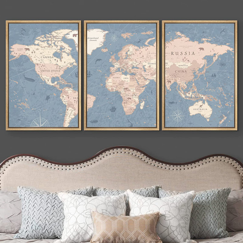 Natural Floater Framed Blue and Beige World Map Triptych Canvas Art