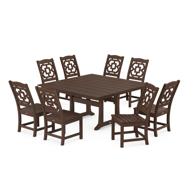 Chinoiserie 8 - Person Patio Dining Set with Square Table, Mahogany