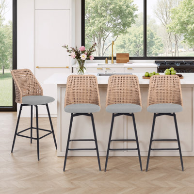 Upholstered Light Gray Rattan Full Back Counter Swivel Bar Stool