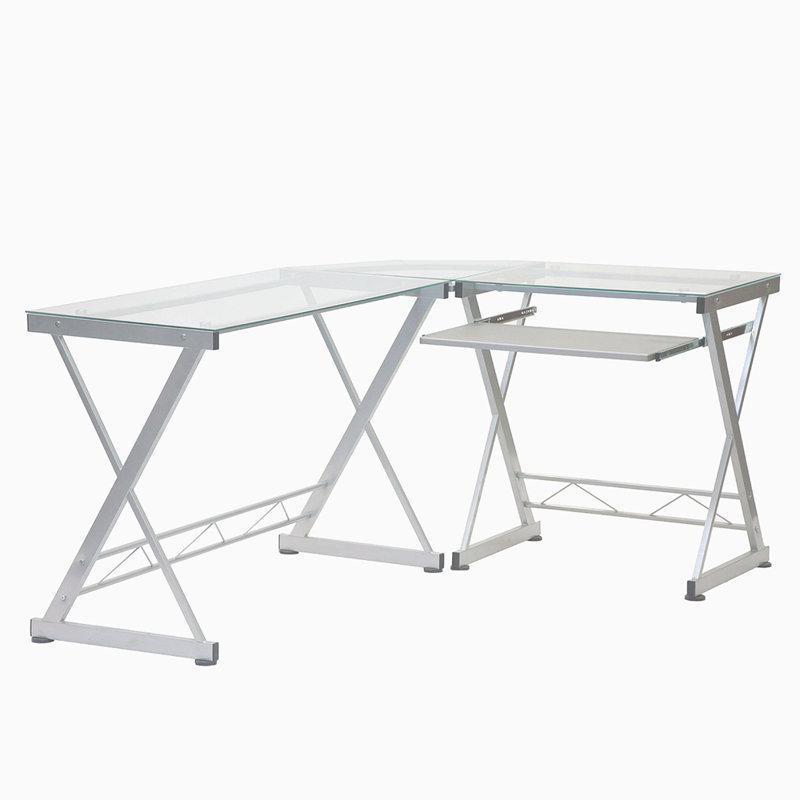 Techni Mobili L-Shaped Tempered Glass Top Computer Desk With Pull Out Keyboard Panel, Clear