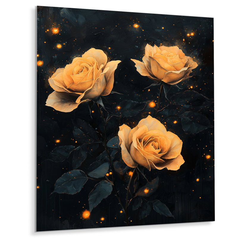 «Midnight Vintage Rose Flowers Elegance III», reproduction d'art moderne sur métal, roses, art mural en métal