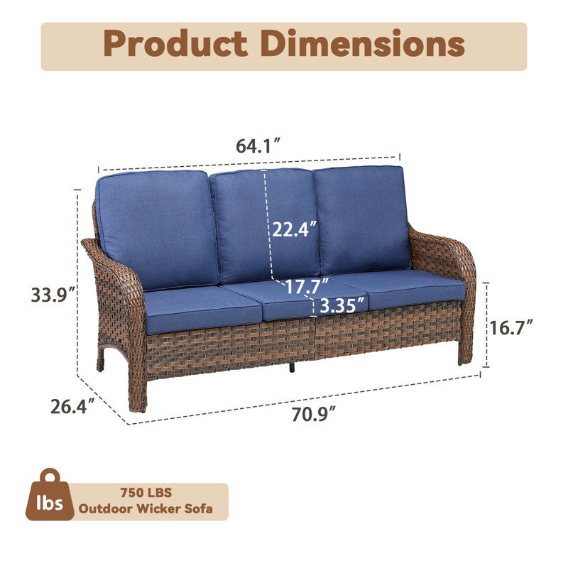 70.9 Inch PE Wicker Rattan Outdoor 3 Seat Sofa With Blue Deep Cushions | Gift Idea, Blue