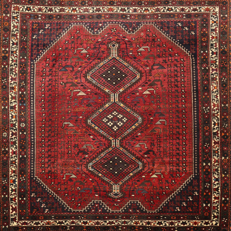 Tapis traditionnel rouge / noir Derrion, Carré 5 pi