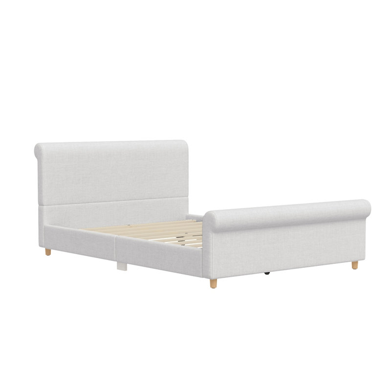 Base de lit tapissier grand format avec tête de lit haute et pied de lit roulé, cadre de lit plate-forme de lit-bateau avec pieds en bois massif et support de lattes, aucun sommier nécessaire, beige