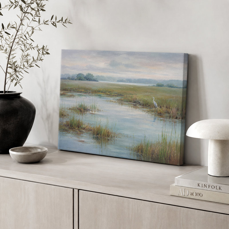 Paysage côtier serein avec des aigrettes blanches dans les marais, tableau pour salon, impression giclée sur toile