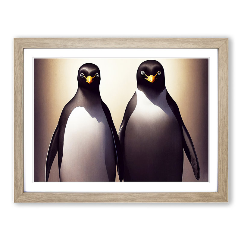 XH1022-6750X Pair Of Penguins - Single Picture Frame Painting, Oak Framed, 34cm H x 46cm W x 2cm D
