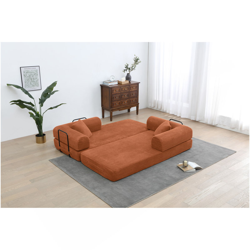Canapé-lit convertible avec oreiller cylindrique - Canapé-lit pliant en velours côtelé avec cadre de forme fixe pour le salon, la chambre à coucher, le salon, le studio - ORANGE