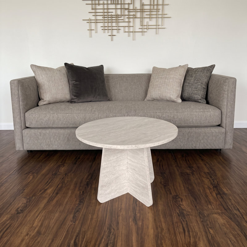  Round Travertine Look Coffee Table, Modern Faux Stone Accent & End Table for Living Room - 28.3"