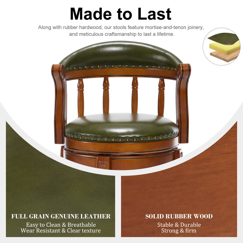 Genuine Leather Bar Stool with Solid Wood Frame - Swivel, Mid-Back Ventilated Design & Footrest