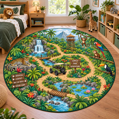 Tapis d'extérieur rond 6 pi x 6 pi Jeep Trail «Ultra Thin» pour chambre d'enfants, salon, chambre à coucher et bureau personnel