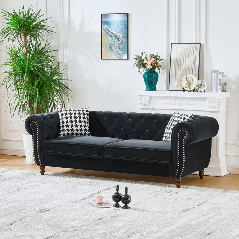 Canapé Chesterfield Velvet Upholstery, H 29 po x l 33 po x P 87 po, 3, Noir