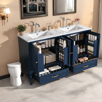Ensemble de coiffeuses doubles spacieuses avec armoires en bois d'acacia, design rétro