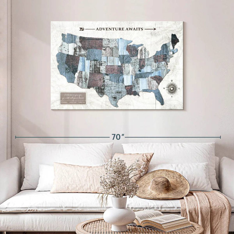 «Adventure Awaits I Push Pin USA Amrico», H 30 po x l 45 po