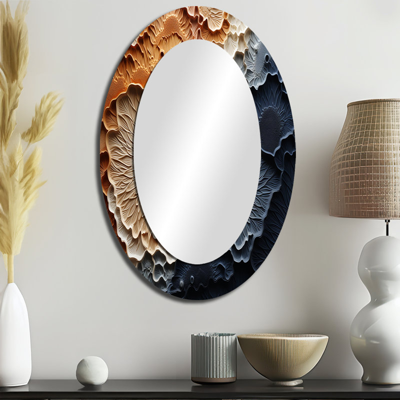 Géode de pierre minimalisme beige et bleu - Paysages, miroir décoratif ovale sur métal, H 36 po x l 24 po
