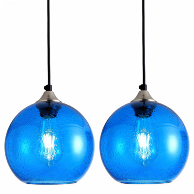 Set of 2 Modern Globe Pendant Light with Adjustable Cord and Tinted Glass Shade, and Blue
