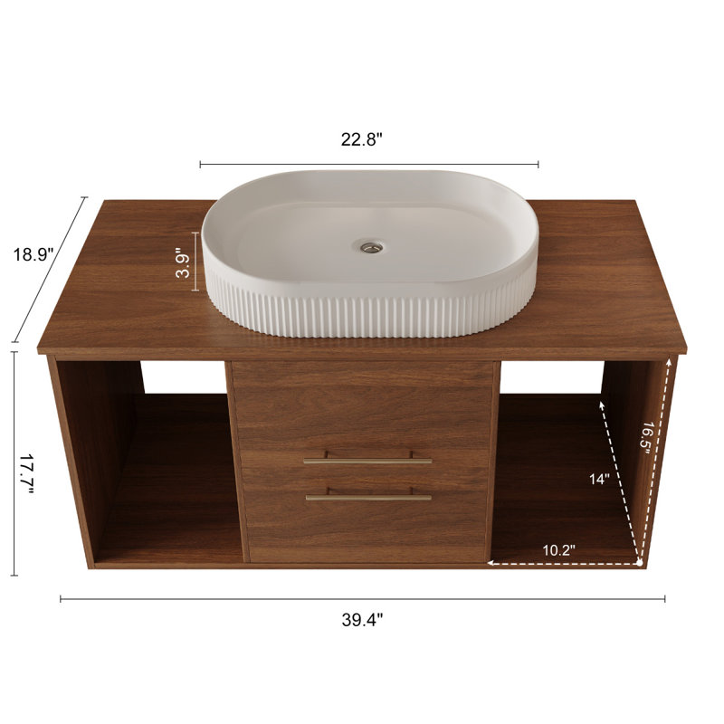 Meuble-lavabo mural moderne 39,4 po avec lavabo en céramique ovale et meuble flottant