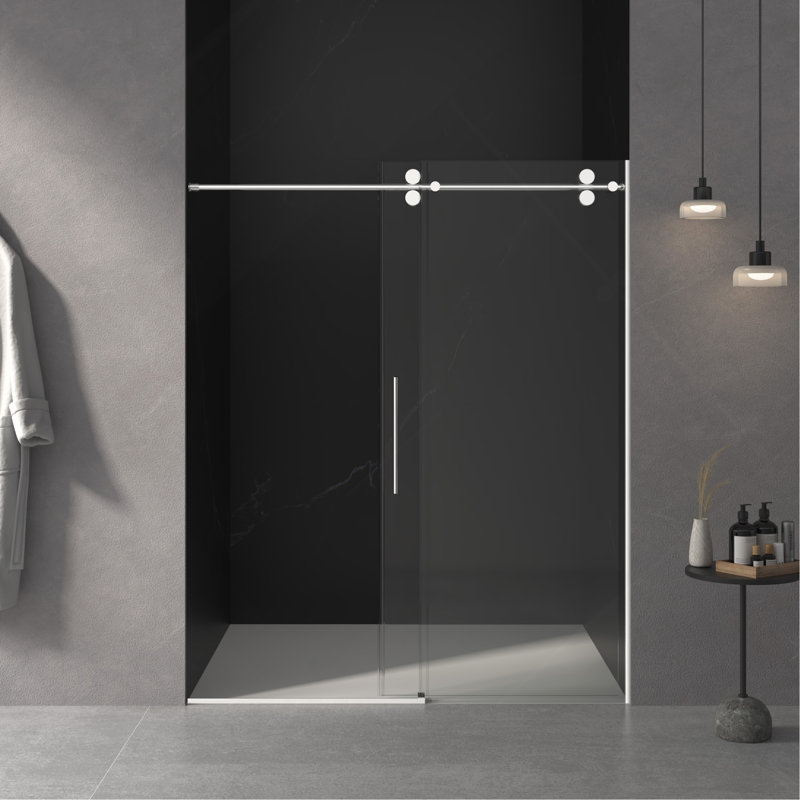 Porte de douche sans cadre de 56 à 60 po x H 76 po, porte de douche coulissante, avec cabine de douche en verre trempé épais de 3/8 po (10 mm) de première qualité, couche facile à nettoyer à double face, finition chromée avec tampon