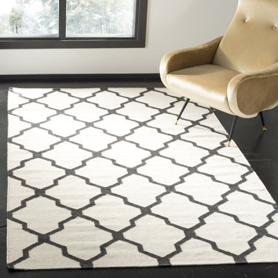 Rodgers Hand Woven Flat Weave Wool/Viscose/Cotton Geometric Rug in Ivory/Charcoal