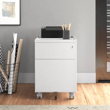 Poppin White + Light Gray Mini Stow 2-Drawer File Cabinet Rolling