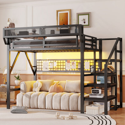 Lit mezzanine double avec escalier, lit mezzanine double en métal avec éclairage et rangement, lit mezzanine haut avec garde-robe et rangement pour enfants, adolescents et adultes
