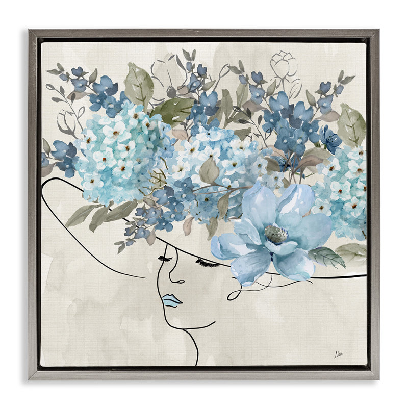 «Blue Floral Hat», encadrée par Nan, H 18 po x l 18 po, Cadre flottant gris lustré