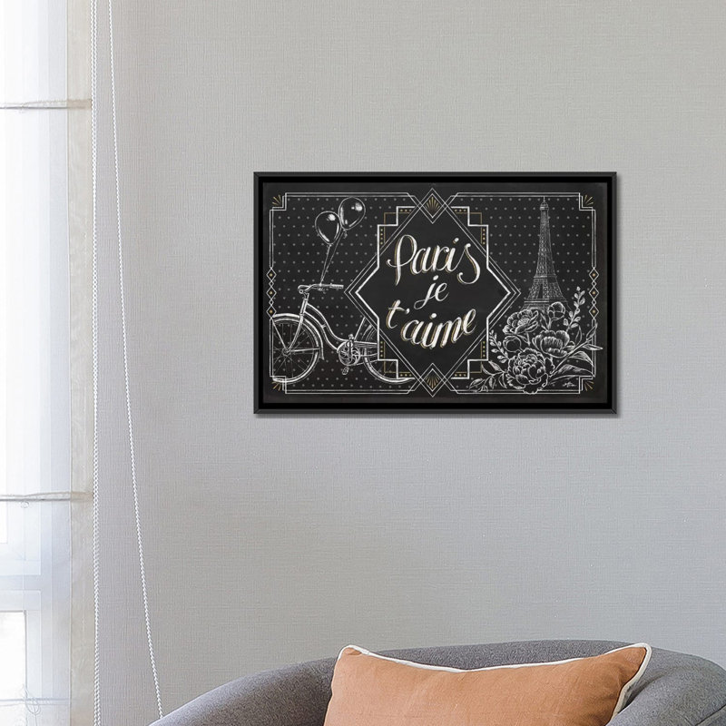 « vive paris iii », art textuel sur toile tendue, H 18 po x l 26 po x P 1,5 po, Toile avec cadre noir, Pas de tapis