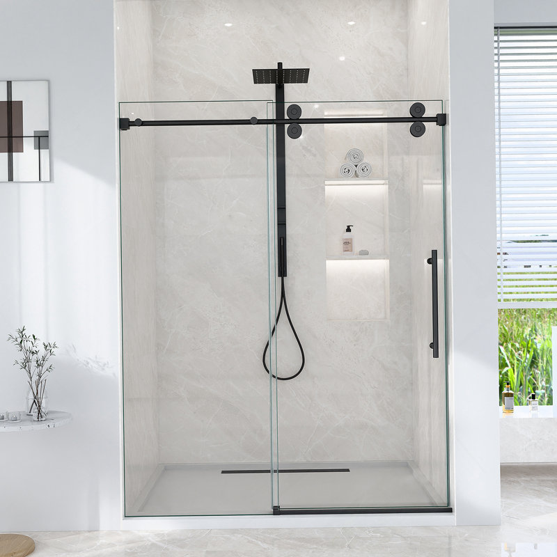 56"-60"W*72" H Frameless Single Sliding Shower Door – 5/16" (8Mm) Clear Tempered Glass, Bypass Design With Matte Black Finish