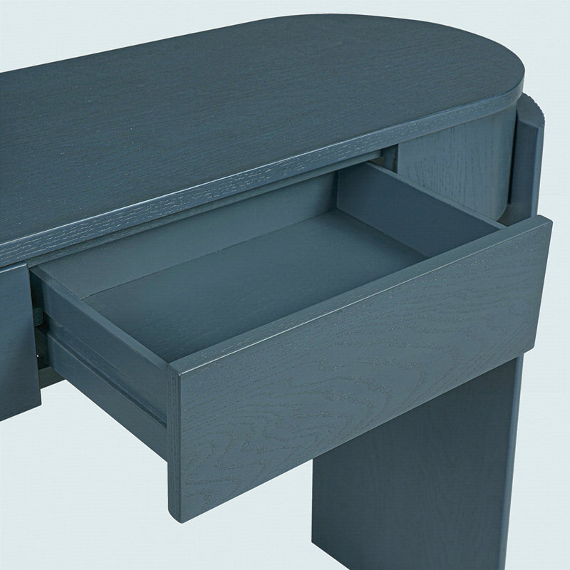 Table d'entrée avec finition grain de bois naturel, console avec conception cannelée, plateau ovale et 2 tiroirs, Marine
