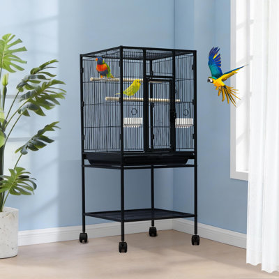 Large Bird Cage with Stand and Storage Shelf, Rolling Parrot Cage with Locking Wheels, Wrought Iron Bird Cage for Parakeets, Parrots, Conures, Lovebirds and Cockatiels