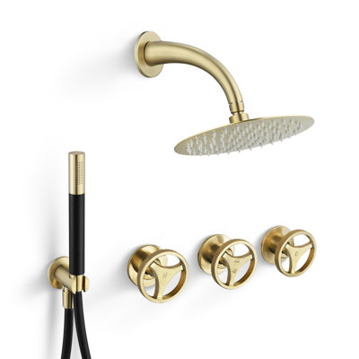 SKOWLL 3 Handle Rainfall Tub Shower Faucet Set, 3 knob 10 Inch Rain Shower Head with Handheld Sprayer, Wall Mount Shower Trim System Rough-in Valve, Brushed Gold