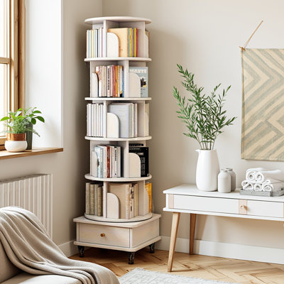 Warm White 6-tier Rotating Bookshelf – 360° Round Display Tower With Universal Wheels & Drawer, Space-saving For Home, Office, Bedroom & Living Room