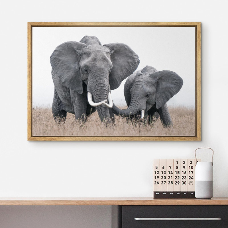 Animaux, safari, jungle, éléphant, maman, enfant, sur toile, H 16 po x l 24 po x P 1,5 po, Cadre naturel