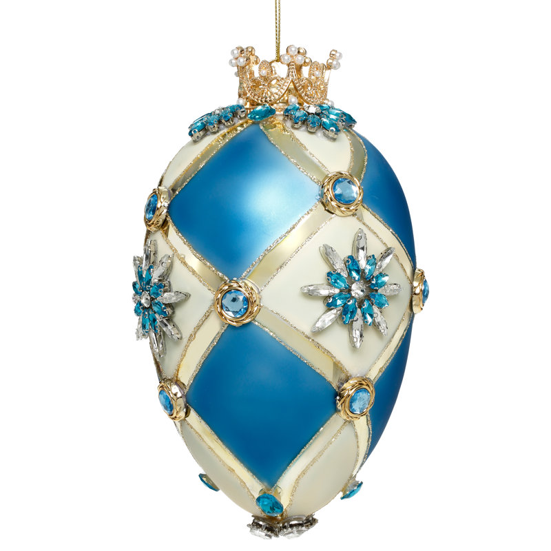 Faberge Jewel Egg Ornament , Blue/Ivory - 7 Inches