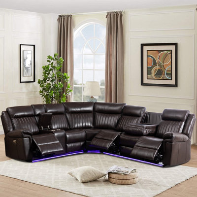 3 - Piece Vegan Leather Reclining Sectional With Foldable Charging Station & Led Lights