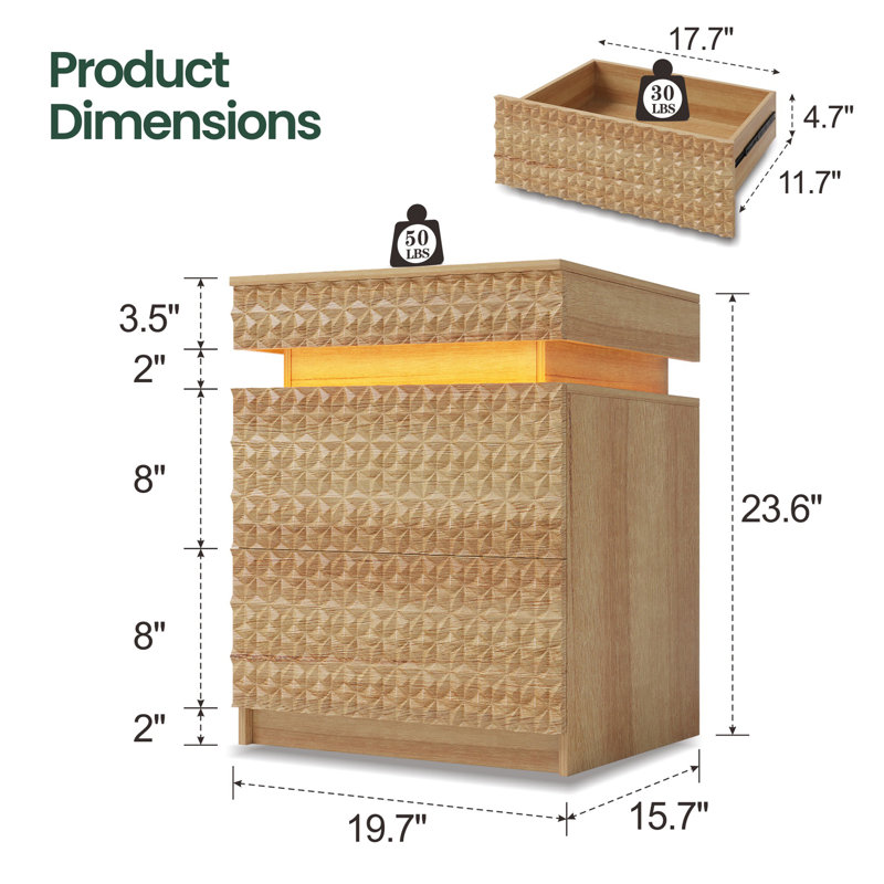2-Drawer Nightstand With Light, Wood
