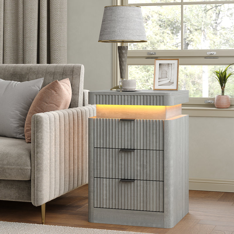 Fluted Night Stand With Charging Station & LED Light, 3-Drawer Bedside Table For Bedroom & Living Room, Modern Sofa Side Table With Sliding Top & Outlets/USB