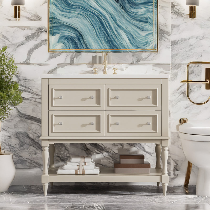 Bathroom Vanity Cabinet with Sink Combo Set, 4 Drawers, Beige