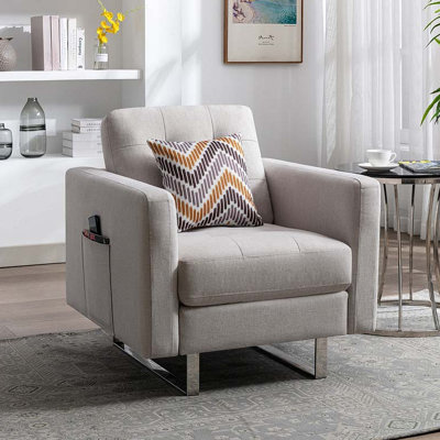 Fauteuil l 33,5 po en tissu de lin avec pieds en métal, poches latérales et coussin